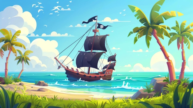 Uma paisagem marinha de desenho animado de verão mostra um navio pirata com bandeira preta flutuando no mar ou na água do oceano perto da costa cercado por grama verde e palmeiras em primeiro plano o céu azul e nuvens acima do