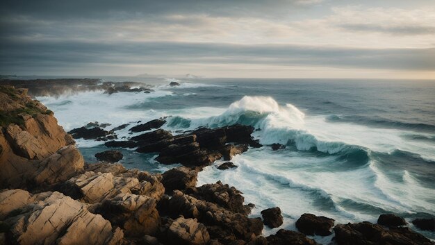 Uma paisagem marítima majestosa de ondas ondulantes batendo contra uma costa rochosa