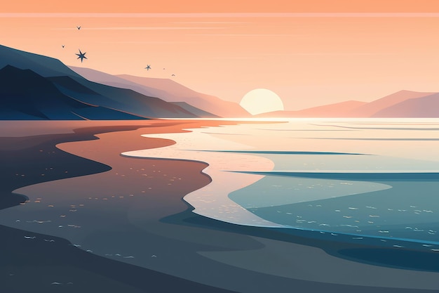 Uma paisagem marítima serena retratada em uma ilustração minimalista Cores suaves e suaves Generative AI