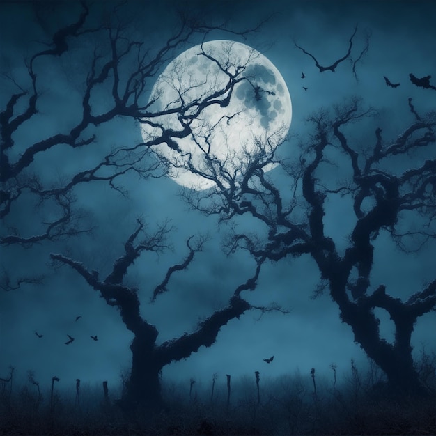 Uma paisagem misteriosa com lua cheia e densa névoa envolvendo-a com silhuetas de árvores e pássaros