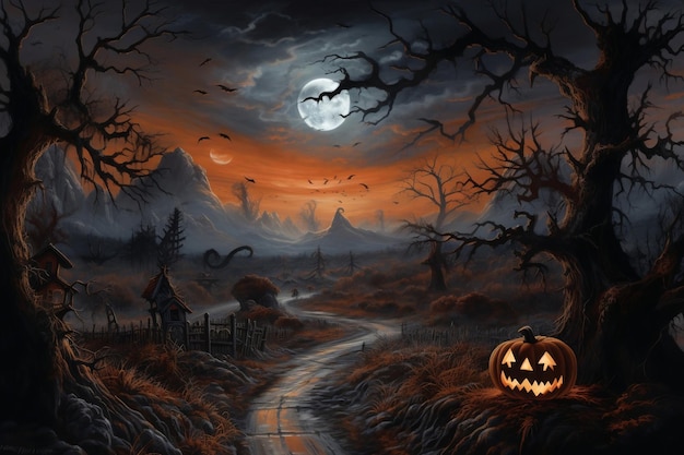 Uma paisagem misteriosa de Halloween com uma lua Generative Ai