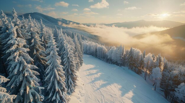 uma paisagem montanhosa coberta de neve com árvores e nevoeiro ao fundo