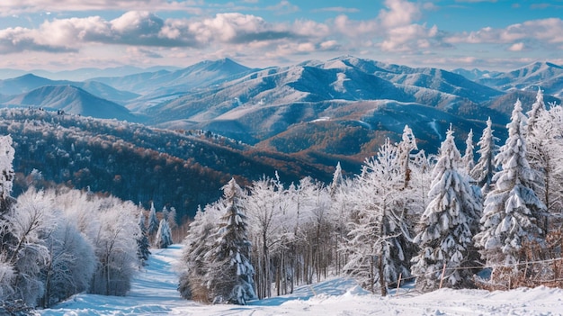 Foto uma paisagem montanhosa coberta de neve com uma montanha ao fundo