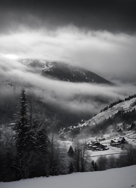 Foto uma paisagem montanhosa coberta de neve no inverno