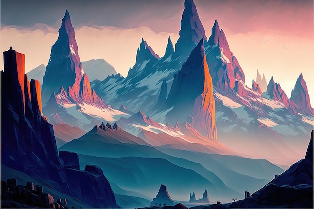 Uma paisagem montanhosa colorida com um céu azul e as palavras "montanha" no fundo.