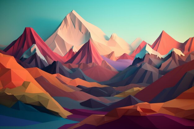 Uma paisagem montanhosa colorida com uma cordilheira ao fundo.