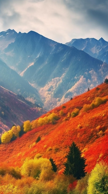 Uma paisagem montanhosa colorida com uma montanha ao fundo.