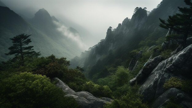 Uma paisagem montanhosa com céu nublado e árvores