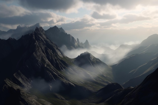 Uma paisagem montanhosa com céu nublado e nuvens