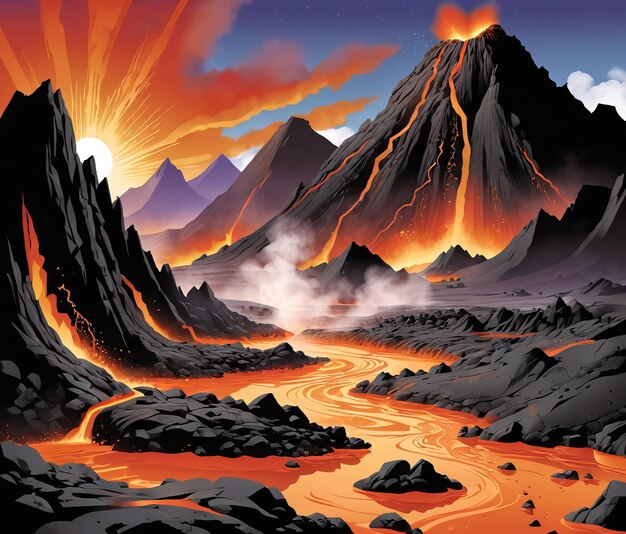 uma paisagem montanhosa com lava e lava