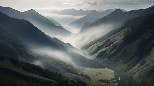 Uma paisagem montanhosa com nevoeiro e nevoeiro em primeiro plano.