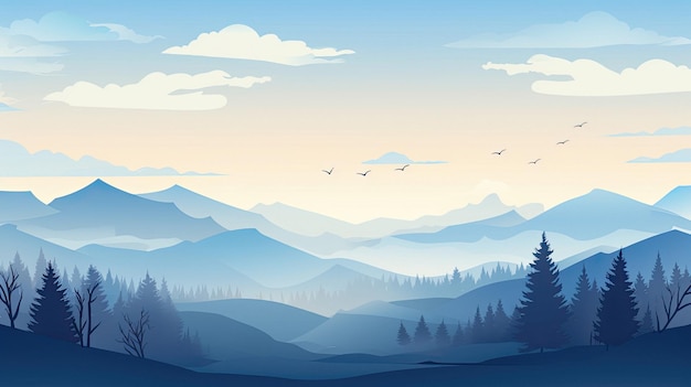 Uma paisagem montanhosa com pássaros voando sobre as montanhas.