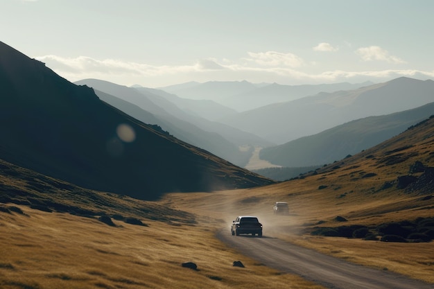 Uma paisagem montanhosa com um carro dirigindo pela estrada generativa ai