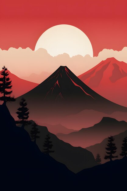 Uma paisagem montanhosa com um céu vermelho e o sol atrás dele.