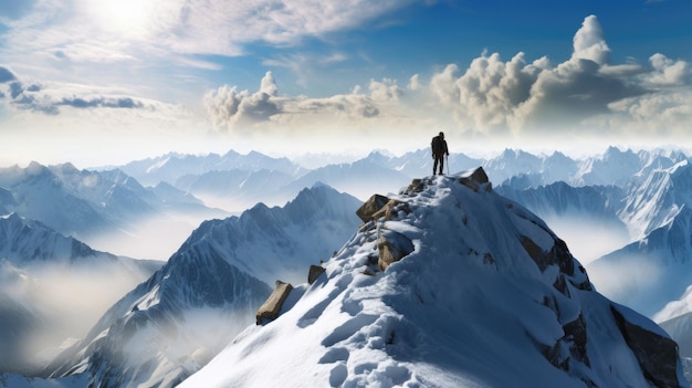 Uma paisagem montanhosa com um homem em cima dela