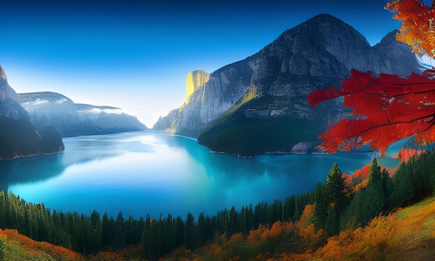 Uma paisagem montanhosa com um lago e montanhas ao fundo