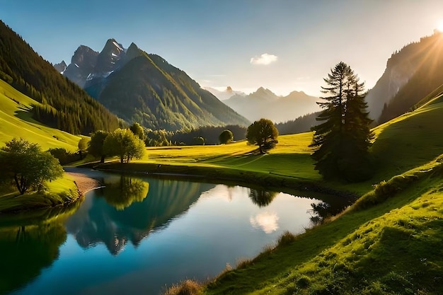 Uma paisagem montanhosa com um lago e montanhas ao fundo