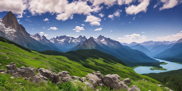 Uma paisagem montanhosa com um lago e montanhas ao fundo