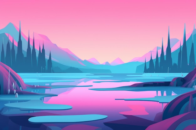 Uma paisagem montanhosa com um lago e montanhas nas cores rosa e azul.