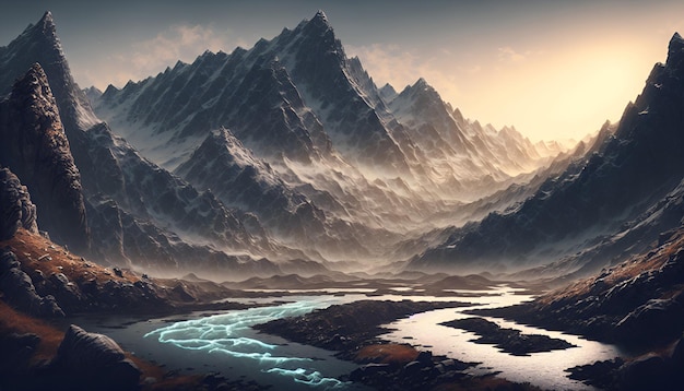 Uma paisagem montanhosa com um rio e montanhas ao fundo