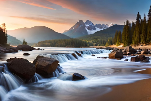 Uma paisagem montanhosa com um rio fluindo sobre rochas e montanhas ao fundo.
