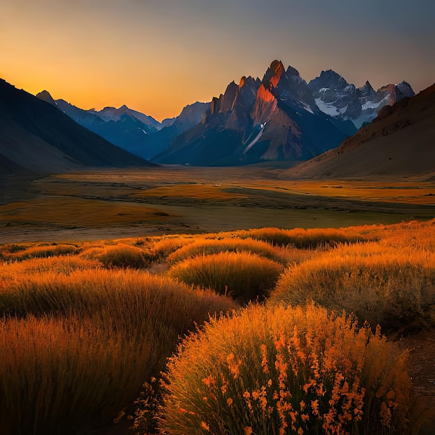 Uma paisagem montanhosa com uma cordilheira ao fundo