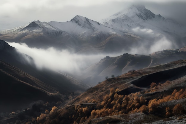 Uma paisagem montanhosa com uma cordilheira ao fundo