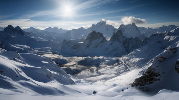 Uma paisagem montanhosa com uma montanha ao fundo