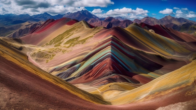 Uma paisagem montanhosa com uma montanha colorida de arco-íris ao fundo.