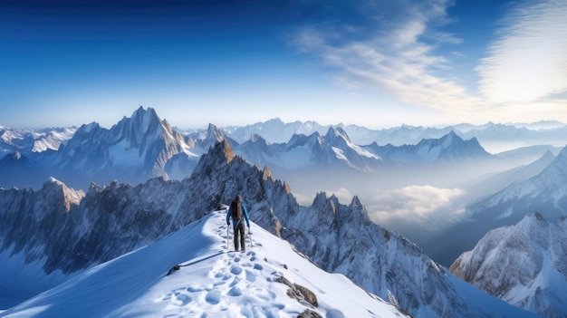 Uma paisagem montanhosa com uma pessoa no topo