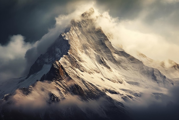 Uma paisagem montanhosa que representa o pico de uma montanha nevada