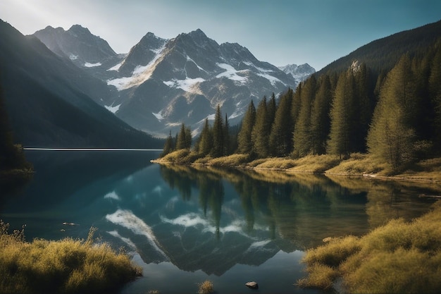 Uma paisagem montanhosa serena com um lago refletor cercado por montanhas e árvores pitorescas