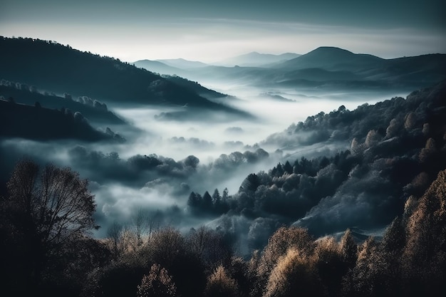 Uma paisagem nebulosa com uma serra ao fundo.