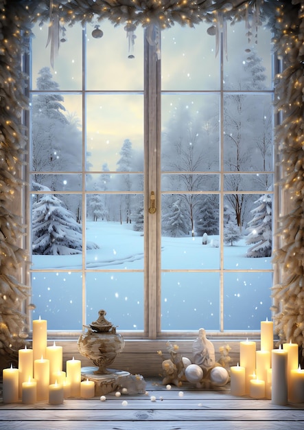 Uma paisagem nevada com luzes cintilantes e velas brilhantes na borda de inverno em aquarela de janelas