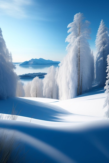 Uma paisagem nevada com um lago congelado e árvores ao fundo.