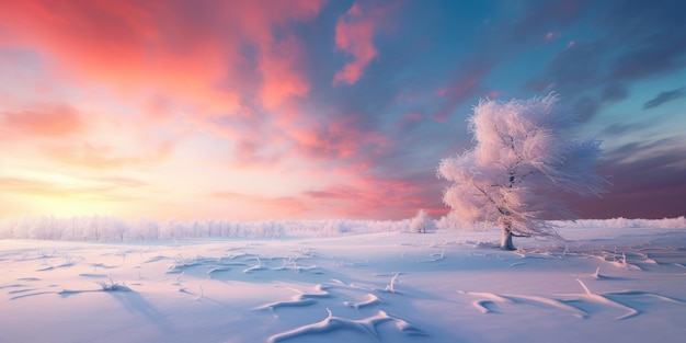 uma paisagem nevada com uma árvore solitária em primeiro plano