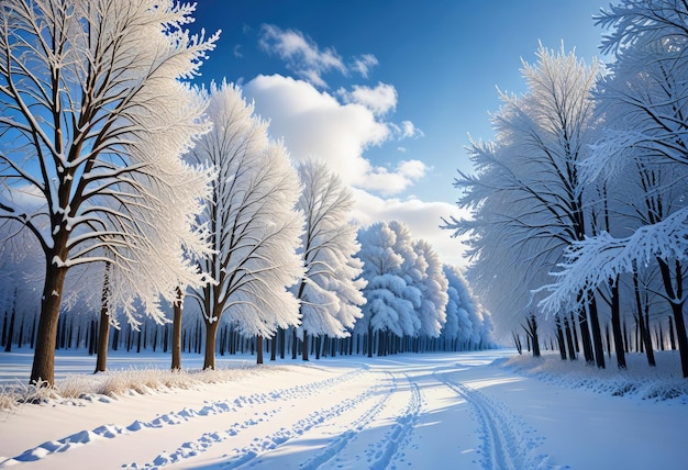 uma paisagem nevada com uma estrada e árvores cobertas de neve