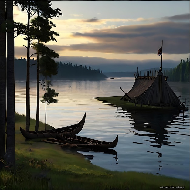 Uma paisagem pacífica onde os navios vikings partiram gerada pela IA