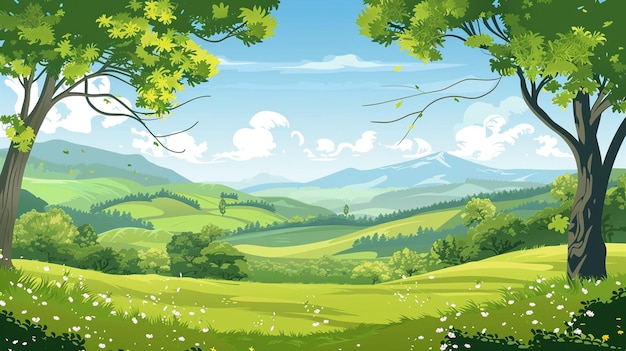 Uma paisagem panorâmica com um vale verde com árvores prados e colinas sob um céu azul ideal para ilustrar a beleza da natureza no verão