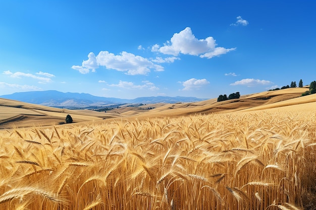 Uma paisagem pitoresca com campos dourados sob um céu azul