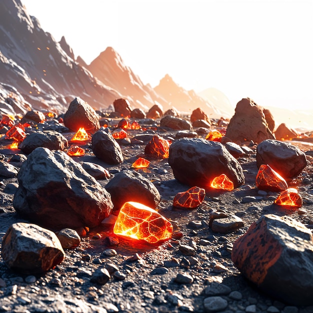 Foto uma paisagem rochosa com inúmeros cristais vermelhos brilhantes espalhados pelo terreno, com um fundo de montanhas sob um céu limpo.