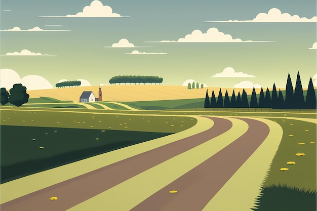 Uma paisagem rural com um campo amarelo e verde e um celeiro ao fundo.
