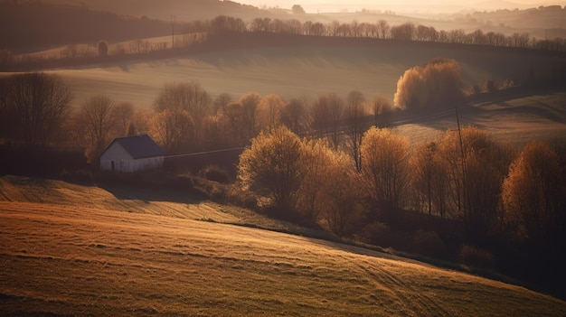 Uma paisagem rural com um campo e árvores cobertas de folhas douradas