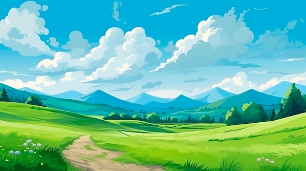 uma paisagem rural de desenho animado com uma estrada de terra