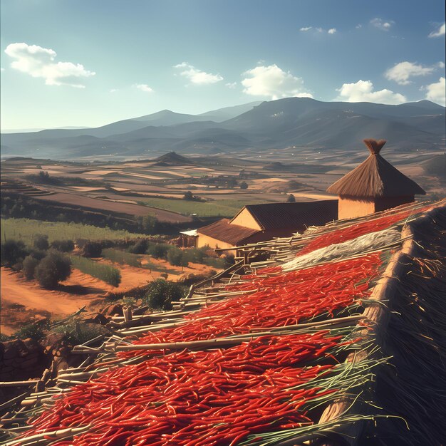 Foto uma paisagem rústica com ervas secas ao sol num telhado de palha