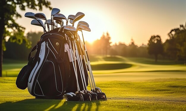 Uma paisagem serena com uma coleção de tacos de golfe brilhando sob o sol