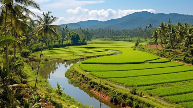 Uma paisagem serena de campos de arroz pulikali com vegetação vibrante simbolizando a agricultura