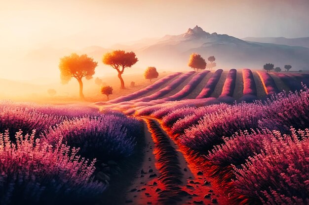 Uma paisagem serena e calmante de campos de lavanda