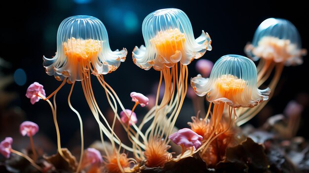 Foto uma paisagem serena e misteriosa das profundezas do mar criaturas bioluminescentes lançando um brilho suave no dia