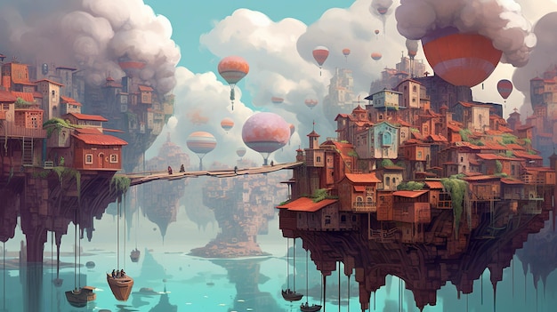 Uma paisagem surreal com uma cidade de cabeça para baixo Conceito de fantasia Ilustração pintura Generative AI